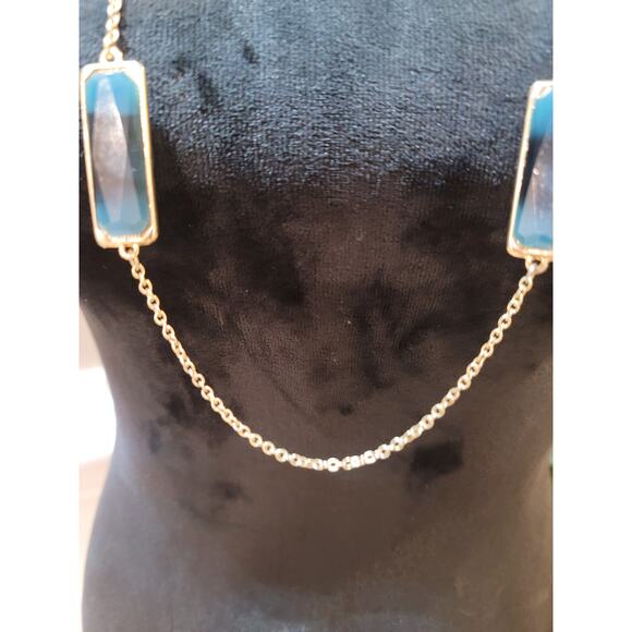 Women’s Gold Tone Long Chain Necklace With Blue Rectangular Stones Lobster Lock - Picture 3 of 6